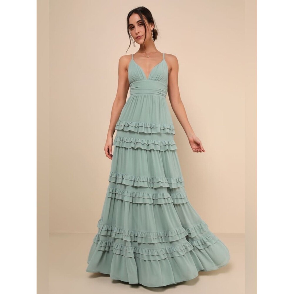 Lulus Lavish Perfection Sage Green Ruffled Tiered Maxi Dress Size Medium Formal